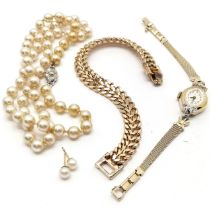 Vulcain ladies watch, gold tone bracelet, pearl earrings & strand of pearls with silver clasp