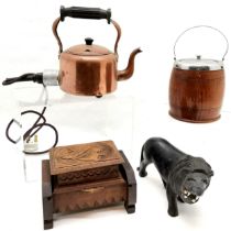 2 Breton carved boxes, african ebony lion, vintage copper electric kettle & oak biscuit barrel