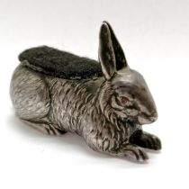 Antique 1907 silver rabbit pin cushion with red glass eyes by Boots Pure Drug Company - 6.5cm long &