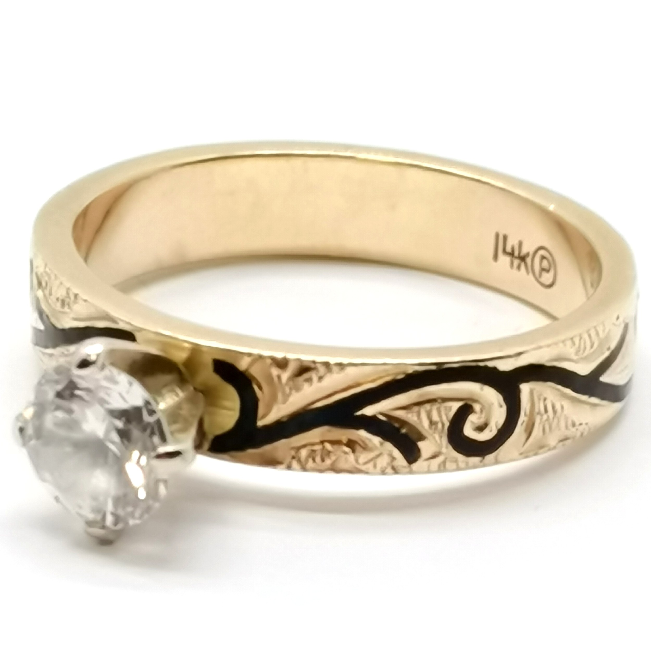 14ct marked gold high white stone set ring with enamel decoration and chased engraving - size N & - Image 3 of 4