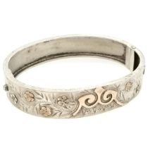 Antique French (?) marked silver and gold bangle with engraved detail to front 6cm across & 14.3g