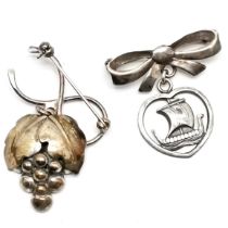 2 x Danish Carl Ove Frydensberg silver brooches - bunch of grapes (4cm) & viking ship in heart on