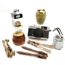 4 x vintage table lighters (inc lucite with oyster shell), 3 pairs of nutcrackers, Olympus trip 35