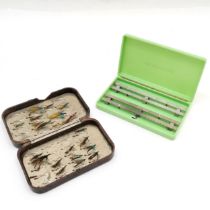 Hardy Bros. bakelite fly box + flies (damage by clasp) t/w green bakelite Milwards fly box 'The