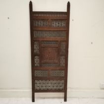 Indian carved & fretwork decorated teak panel with central panel depicting Indian goddess - 61cm