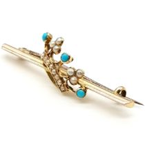 Antique 15ct marked gold bar brooch with coronet detail set with turquoise and pearl has gold