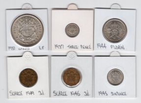 6 x George VI coins - 1937 5/- & 3d, 1944 2/-, 1945 6d, 1946 3d & 1949 3d