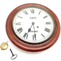 Antique mahogany cased circular wall clock with painted dial with GWR Penzance - 40cm diameter & has