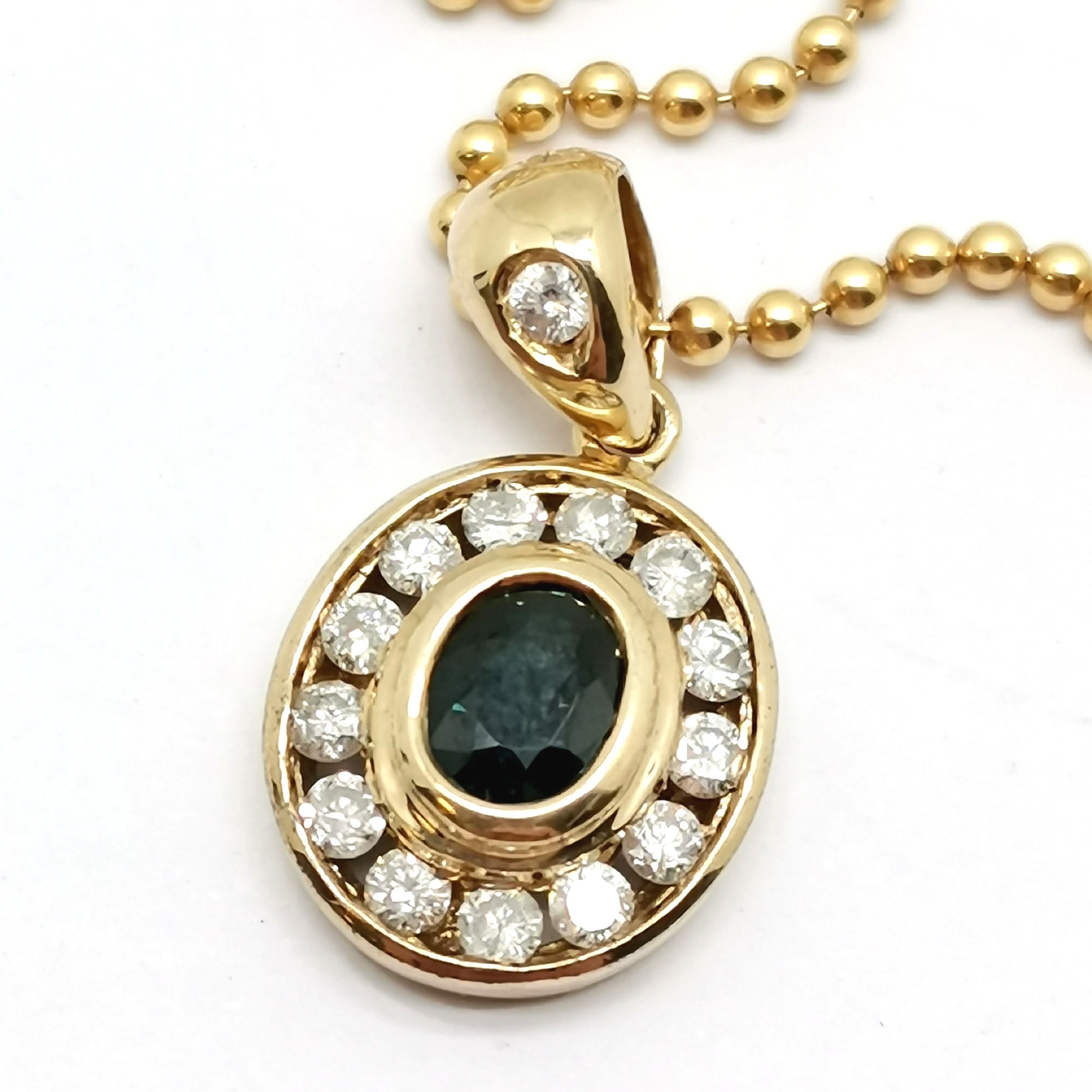 9ct hallmarked gold sapphire & channel set diamond cluster pendant on a 9ct hallmarked gold bead - Image 2 of 4