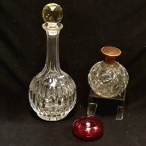 Cut glass sherry decanter (32cm high), cut glass spherical scent bottle with internal stopper &