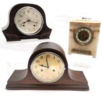 Late 19th century alabaster striking mantle clock t/w 2 x 1930's oak cased striking clocks - with