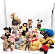Box full of toys inc Disney bendy Donald Duck, 2 gollies, PG Tips Burbank Toys chimp, emu hand