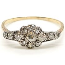 Art Deco diamond cluster ring in unmarked gold mount - size Q½ & 1.5g total weight