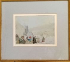 Framed pencil / watercolour of Belgian group of people signed FLB Antwerp & (inscribed under