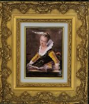 Limoges signed (A Burcon?) enamel picture panel of a young lady reading - frame 38cm x 33cm ~ stress