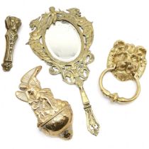 Antique brass vanity mirror (34cm & glass distressed), brass holy water stoop, brass lion mask