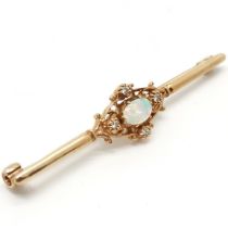 9ct hallmarked gold bar brooch set with opal & diamonds - 4.5cm long & 3.2g total weight