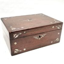 Rosewood work box inlaid with mother of pearl containing qty of Sylko threads etc - 30cm x 22.5cm