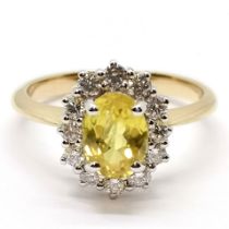 18ct hallmarked gold yellow sapphire / diamond cluster ring - size M & 3.8g total weight ~ the