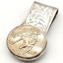 R Schaezlein sterling silver money clip with 12ct gold panel filled detail of a bucking bronco.
