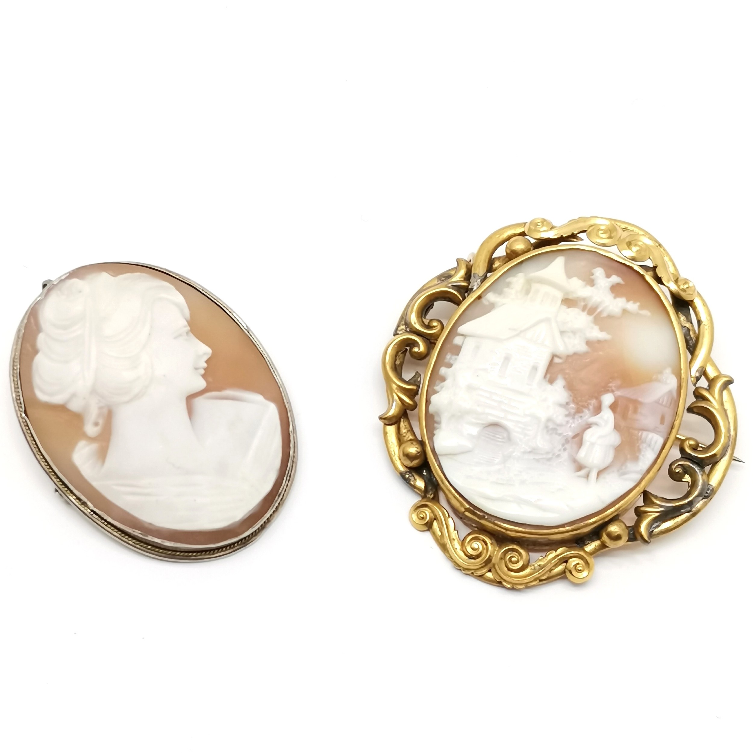 2 x antique hand carved cameo brooches - portrait brooch is 800 silver & the fancy gilt frame (6cm