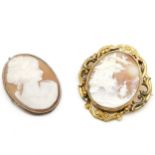 2 x antique hand carved cameo brooches - portrait brooch is 800 silver & the fancy gilt frame (6cm