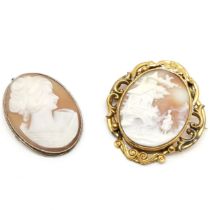 2 x antique hand carved cameo brooches - portrait brooch is 800 silver & the fancy gilt frame (6cm