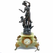 Antique French figural (Parure de Mai) decorated clock with porcelain dial marked Fabriques