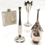 Silver plated rosewater sprinkler (18cm), 2 silver plated specimen vases & Mulberry 4oz hip flask (