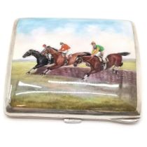 900 silver marked cigarette case with horse racing enamel pictorial front panel - 8.8cm x 7.5cm &