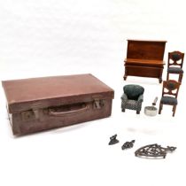 Dolls house piano, iron + trivet etc in a small suitcase