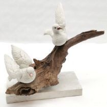 Hand made sculpture of 2 doves on a piece of driftwood with marble base (27.5cm x 12.5cm) & total
