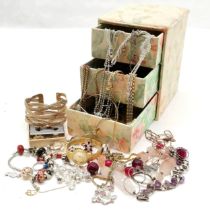 3 drawer jewellery box with qty of jewellery inc rings, Monet cuff bangle, gold tone jewellery,