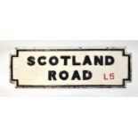 SCOTLAND ROAD; a cast iron street sign with 'Scotland Road' painted in black and 'L5' painted in