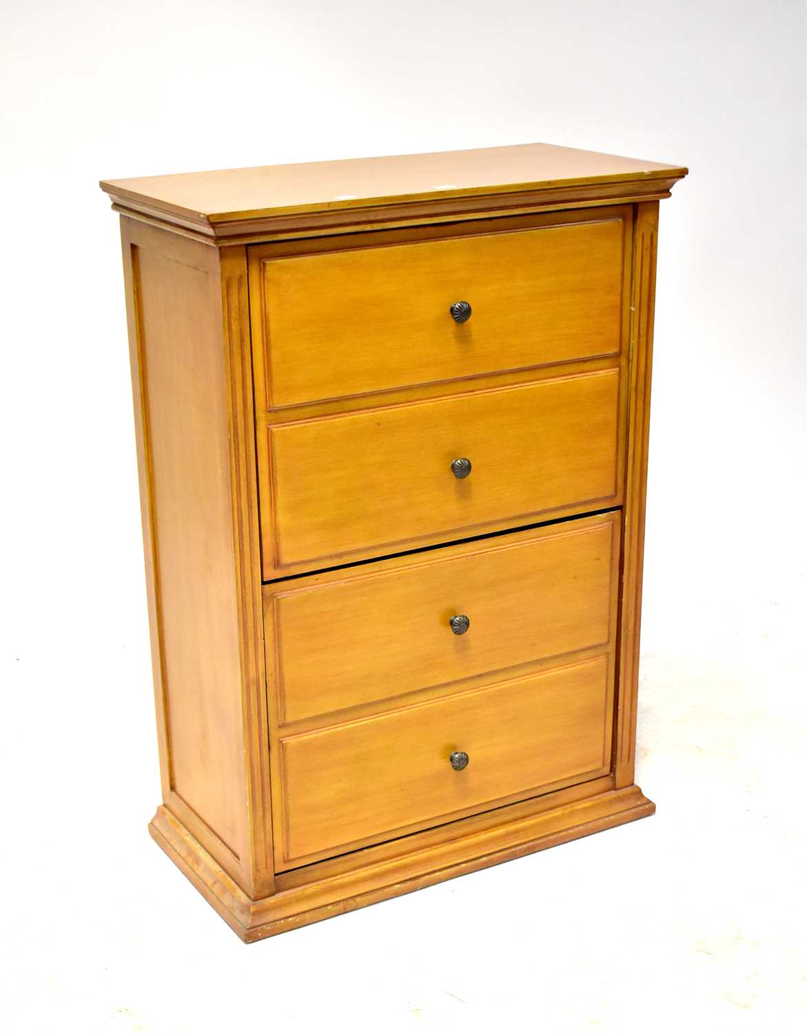 A 20th century narrow four-drawer chest of drawers to plinth support, 92 x 66 x 33cm.92 x 66 x 33cm