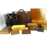 A collection of various boxes and wooden cases to include a jewellery box, a leather-clad wooden