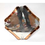 A 1930s wall mirror of shaped square form with amber glass border and etched starburst to the