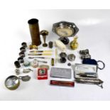 A collectors' lot to include silver plated cruets, a brass whistle-form lighter, opera glasses, a