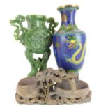 Various Oriental items to include a spinach jade style coloured vase with shaped handles and pierced