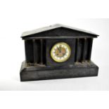 A Victorian slate mantel clock of architectural form, in the style of a Greek temple, with ivorine