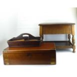 A large 19th century brass bound mahogany writing slope with inkwells, pen tray and secret drawer to