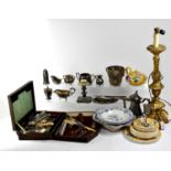 A quantity of plated ware to include berry spoons, coffee pot, candlesticks, sauce boat, sugar nips,