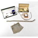 A quantity of silver jewellery and watches to include a mesh purse, Greek Key motif necklace, chunky