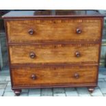 A 19th century mahogany chest of three large drawers with turned circular handles, raised on