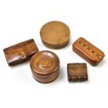 Five early 20th century and later treen snuff boxes to include a circular example, diameter 6cm, a