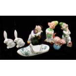 HEREND; a collection of porcelain figures to include three models of dwarves, height of largest 7.