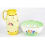 CLARICE CLIFF; a ribbed jug decorated in the 'Pompadour' pattern, height 24cm, together with a