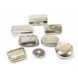 A collection of silver plated, base metal and chrome snuff boxes of various shapes and sizes to