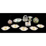 HEREND; a small collection of miniature porcelain to include basket, height 9cm, two reticulated