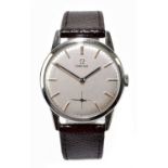 OMEGA; a gentleman's stainless steel wristwatch, the silvered dial set with batons and subsidiary